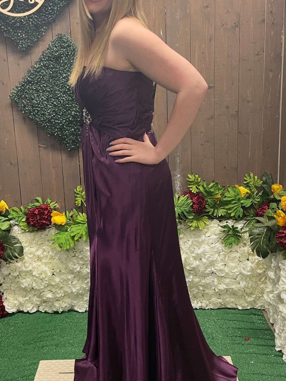 Strapless Purple Evening Gown with Embellished Waist